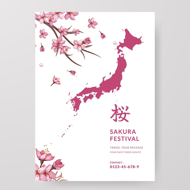 Cartaz do guia turístico do japão sakura festival flor de cerejeira viajar para o exterior com ilustração de flores e mapa do japão