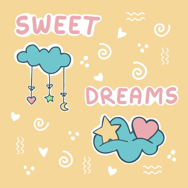 Vetor cartaz doces sonhos pacote de adesivos nuvem lua coração estrelas coloridas