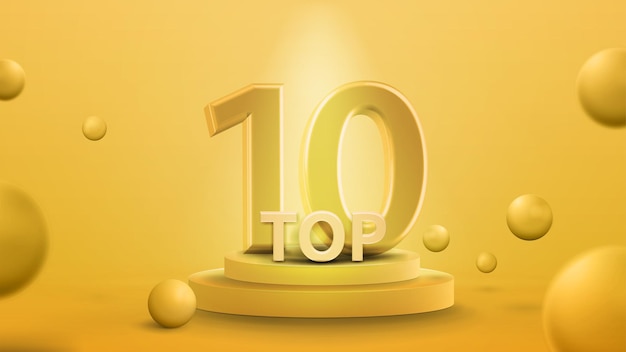 Vetor cartaz dos 10 melhores com pódio amarelo com prêmio e iluminação de holofotes