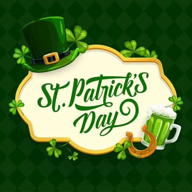 Cartaz dos desenhos animados do St Patrick Day com trevo, chapéu verde, ferradura de ouro e cerveja irlandesa ao redor de letras em fundo xadrez. Festa tradicional de São Patrício, festa celta