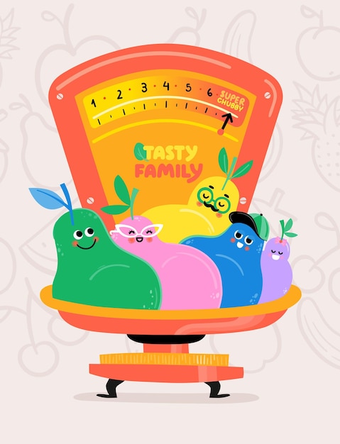 Vetor cartaz engraçado de crianças com excesso de peso família feliz em um equilíbrio cutie frutti collection