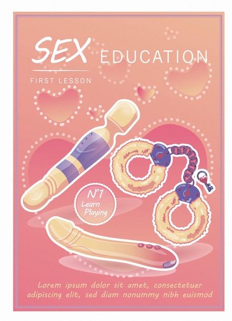 Cartaz erótico com brinquedos sexuais, algemas e vibradores