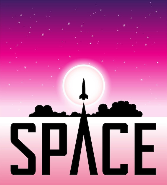 Cartaz espacial do lançamento de foguete sobre o céu noturno rosa e a lua