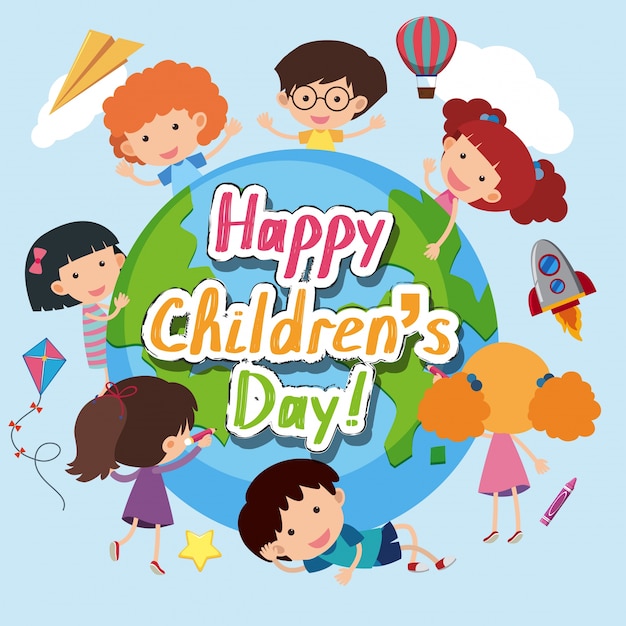 Vetor cartaz feliz do dia das crianças com crianças felizes em todo o mundo