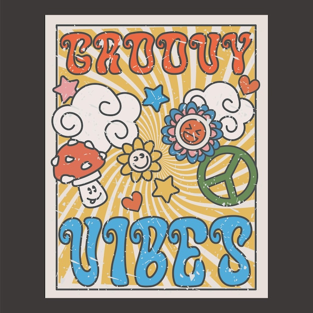 Vetor cartaz groovy dos anos 70, impressão retrô com elementos hippie. paisagem psicodélica dos desenhos animados. funky vintage
