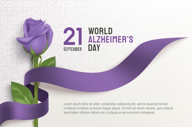 Cartaz horizontal do dia mundial de alzheimer com fita e rosa sobre um fundo claro. dia da fita roxa de setembro. modelo de conscientização da doença de alzheimer com lugar para texto.