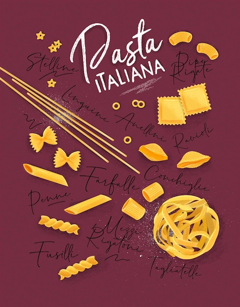Cartaz lettering pasta italiana com muitos tipos de macarrão, desenho em fundo carmesim.
