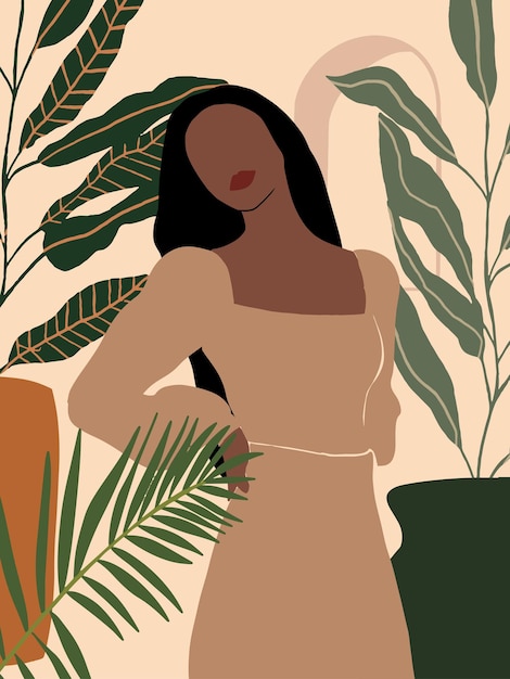 Cartaz minimalista boho moderno com mulher negra e folhas tropicais Fundo colorido de verão