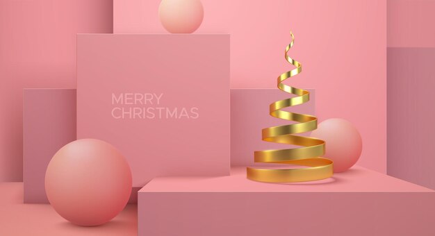 cartaz minimalista de feliz natal em forma de hélice de árvore de natal dourada e fundo arquitetônico rosa
