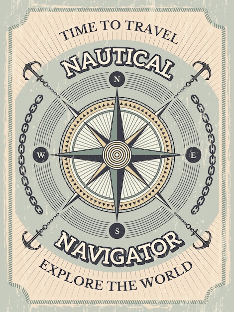 Cartaz náutico. Rosa dos ventos e símbolos marinhos estilizados para cartazes de viajantes para aventuras náuticas vetor modelo retrô