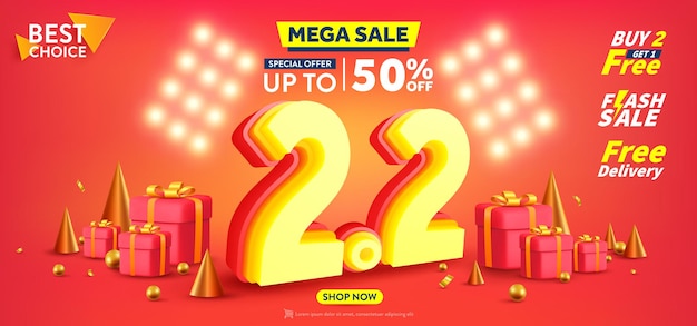 Cartaz ou banner de 22 dias de compras com caixa de presente em fundo vermelhoDesign de modelo de banner de vendas