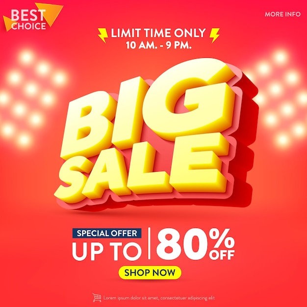 Cartaz ou banner de grande venda de oferta especial com fonte 3D Big Sale em fundo vermelho