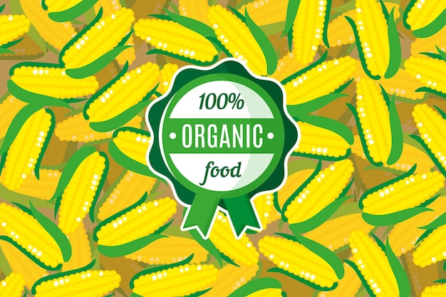 Cartaz ou banner de vetor com ilustração de fundo de milho amarelo e rótulo verde redondo de alimento orgânico