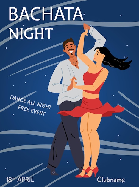 Cartaz ou banner para evento noturno de bachata em ilustração vetorial plana de clube de dança