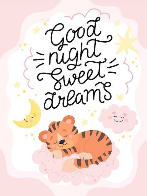 Cartaz ou cartão de bons sonhos de boa noite com letras de caligrafia desenhadas à mão e tigre adormecido fofo