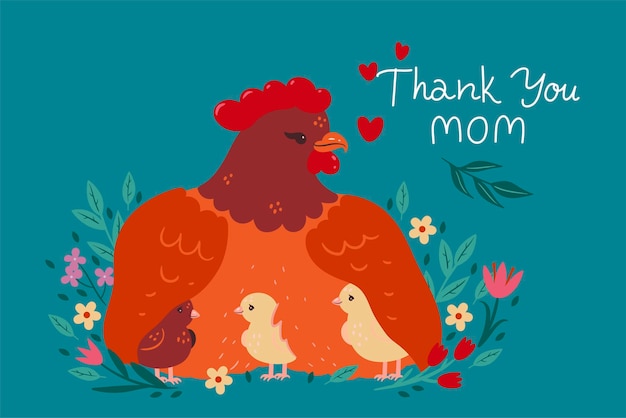 Cartaz ou cartão do dia das mães com galinha e filhotes