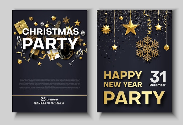 Vetor cartaz ou convite da festa de natal e ano novo com relógio decorações de champanhe e natal conjunto de modelos com espaço para texto de fundo vector