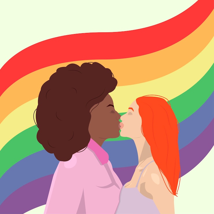 Vetor cartaz para o mês do orgulho com casal de lésbicas e bandeira lgbt (arco-íris) no fundo