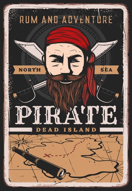 Vetor cartaz pirata vintage marinheiro capitão mapa do tesouro