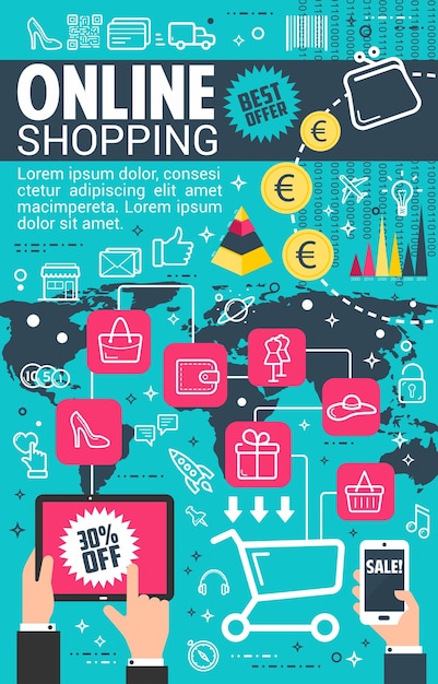 Cartaz plano de compras on-line de internet vetorial