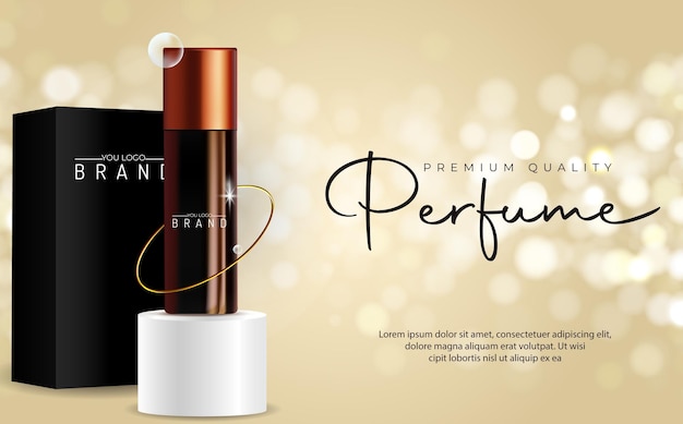 Cartaz promocional cosmético vetorial de perfume com caixa