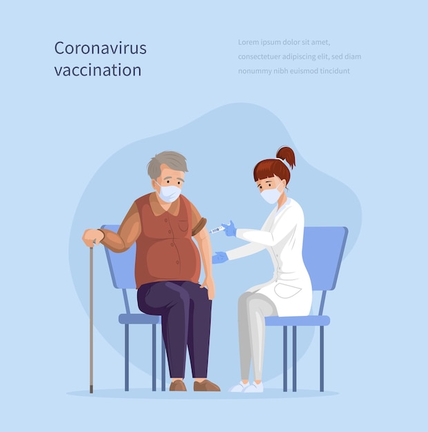 Cartaz promocional de vacinação contra o coronavírus para pessoas maduras com texto