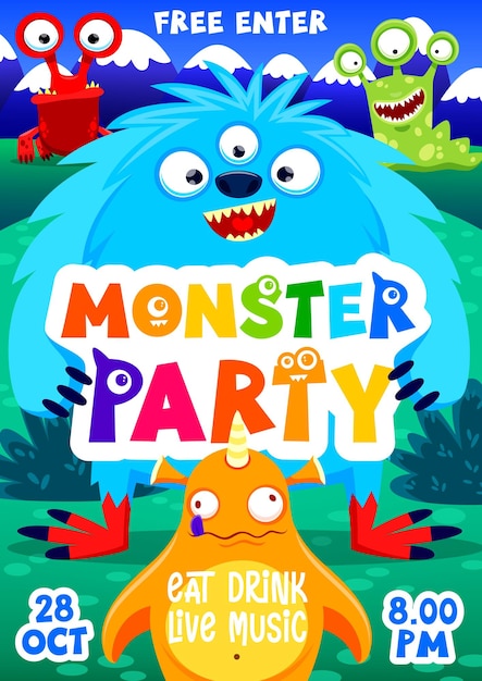 Cartaz promocional de vetor de panfleto de festa de monstro dos desenhos animados