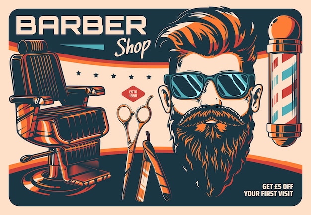 Cartaz retrô de barbearia e salão de cabeleireiro