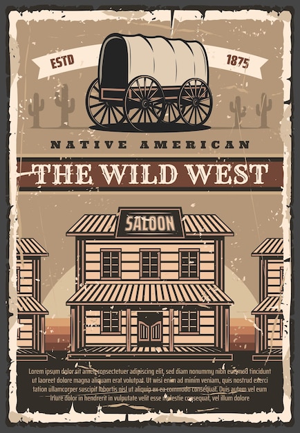 Vetor cartaz retrô de saloon e vagão do oeste selvagem americano