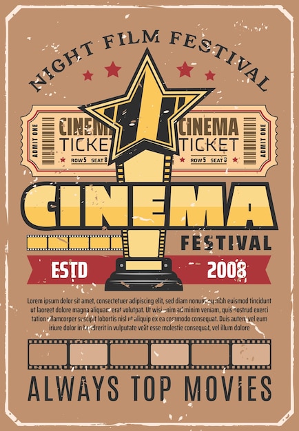 Vetor cartaz retrô do festival de cinema com prêmio de filme de ouro