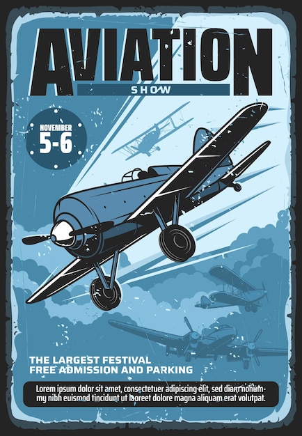 Vetor cartaz retrô do festival de shows de aviação