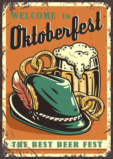 Cartaz retrô grange com pretzels de cerveja e chapéu bávaro com uma pena para oktoberfest