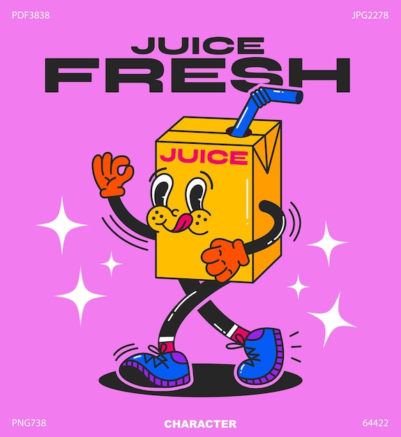 Vetor cartaz tipográfico de ilustração de bebidas frias de suco de fruta groovy de personagem de desenho animado