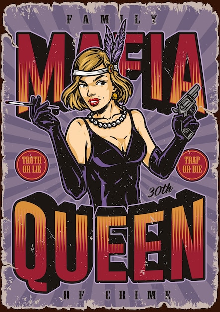 Cartaz vertical vintage da rainha da máfia