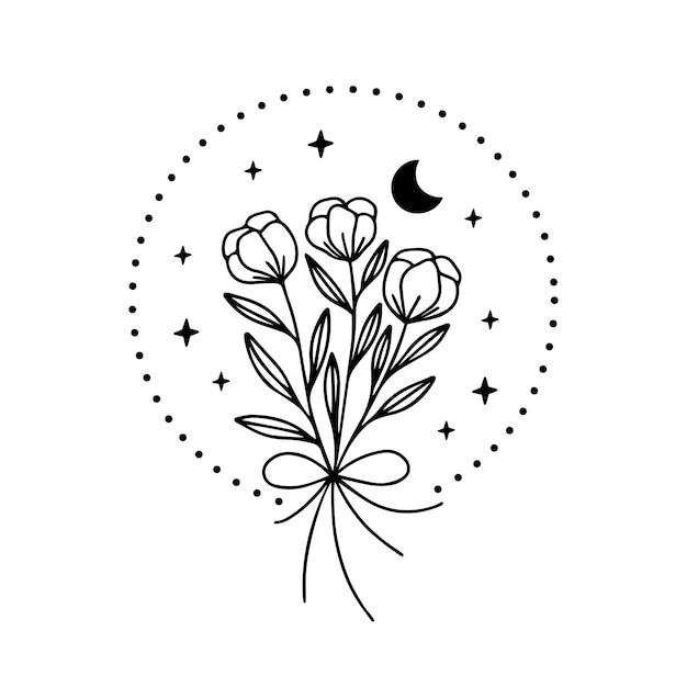 Cartaz vetorial celestial lua com ilustração wilfflower arte floral contemporânea decoração boho desenhada à mão impressão de camiseta cartaz boêmio adesivo de tatuagem de cartão mágico