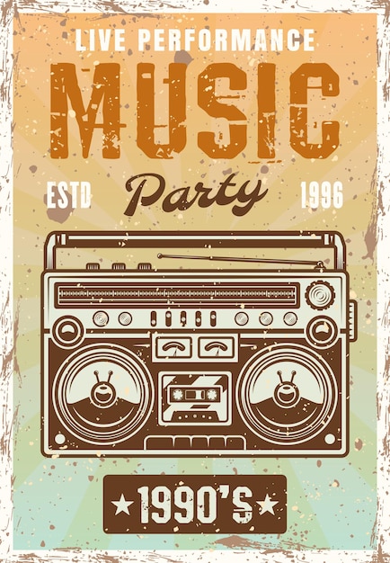 Cartaz vintage de festa de música dos anos noventa com ilustração vetorial de boombox. em camadas, textura e texto separados do grunge