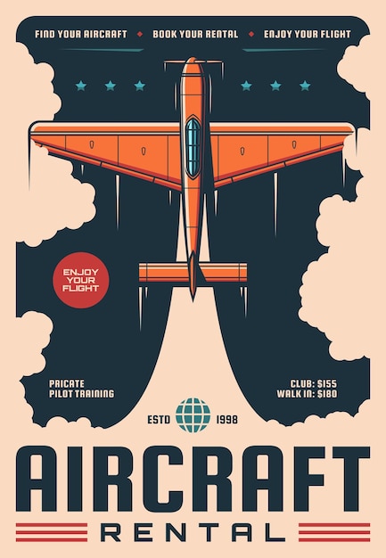 Vetor cartaz vintage de serviço de aluguel de aeronaves ou aviões