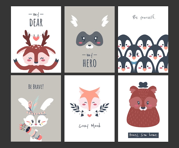 Cartazes de animais fofos Criaturas e pinguins da floresta dos desenhos animados engraçados para banners cartões Convites de coleção com pequenos personagens e letras Cartões postais infantis de fauna minimalista vetorial