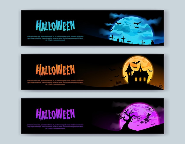 cartazes de Halloween banners web com silhuetas de túmulos um cemitério um castelo árvores morcegos bruxas