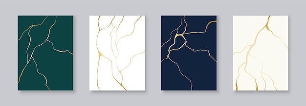 Cartazes de kintsugi dourados arte japonesa de reparar cerâmica rachada Padrão de mármore minimalista imprime conjunto de pôsteres vetor de efeito de rachaduras de ouro