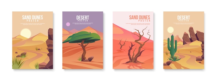 Vetor cartazes do deserto com quatro fundos verticais isolados com texto e composições de paisagem selvagem cenas de terreno baldio ilustração do vetor
