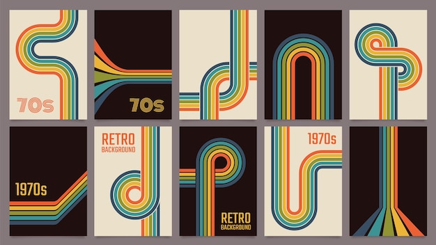 Vetor cartazes geométricos retro dos anos 70, linhas de cores do arco-íris vintage impressas. cartaz de design listrado elegante, conjunto de vetores de fundo colorido abstrato dos anos 1970. capa minimalista e antiquada para obras de arte