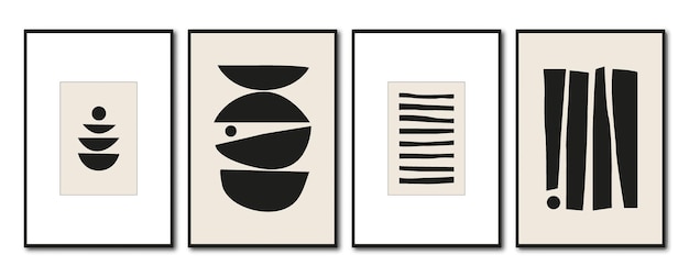 Vetor cartazes planos abstratos vetoriais ilustrações minimalistas em um quadro preto com formas geométricas pastel e cores pretas estilo vintage design para decoração de parede cartaz de papelão ou folhetox9