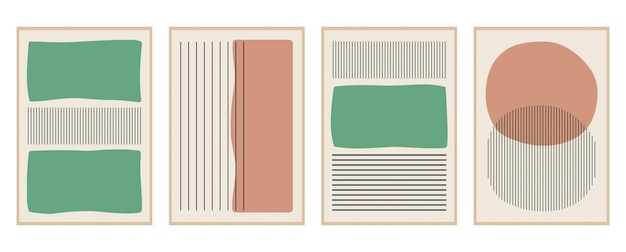 Vetor cartazes planos abstratos vetoriais ilustrações minimalistas em uma moldura marrom com formas geométricas linhas pastel e cores verdes estilo vintage design para decoração de parede cartaz de papelão ou folhetox9