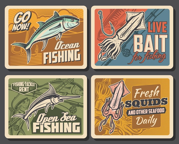 Vetor cartazes retrô vetores de atum marlin e lula