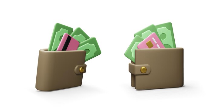 Vetor carteira com papel-moeda e cartão de crédito em estilo cartoon realista em visão diferente. bolsa 3d com dólares verdes. ilustração vetorial