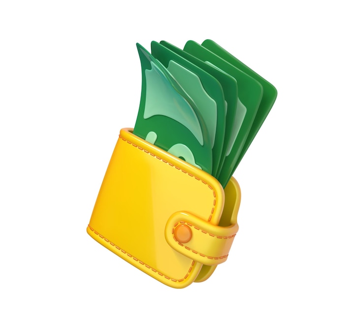 Vetor carteira de dinheiro de desenho animado 3d com dólares de papel verde bolsa com dólares verdes conceito de investimento financeiro empresarial ilustração em vetor 3d