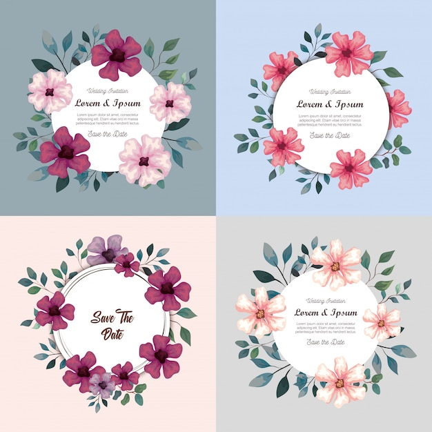 Cartões com flores, convites de casamento com flores com galhos e folhas decoração ilustração design