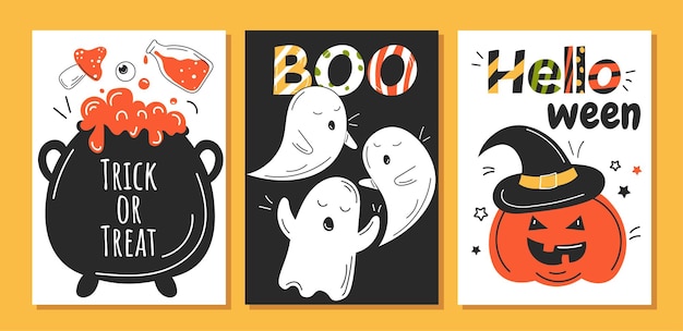 Cartões comemorativos de Halloween definem feriado internacional de medo e horror abóbora assustadora e assustadora e