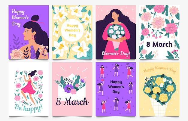 Cartões de 8 de março. senhora com flores, dia internacional da mulher e ser feliz conjunto de cartão de cumprimentos.
